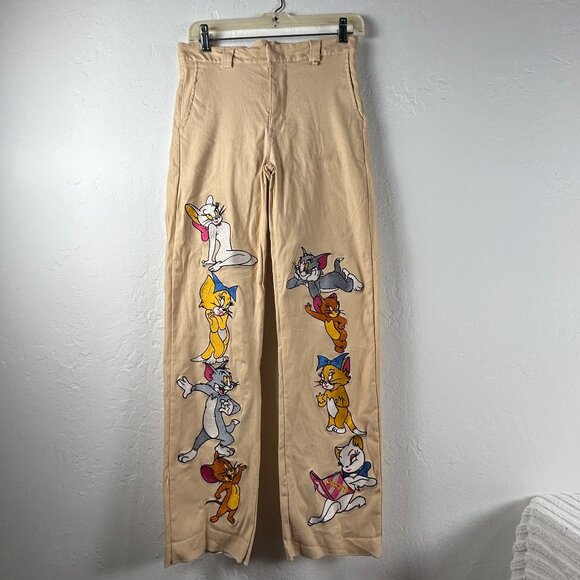Omighty Womens Tom & Gerry Pants Size Medium Khaki Straight Leg Mid-Rise Pockets - Picture 1 of 9
